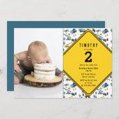 ブルーの建設トラック現場写真誕生日パーティー サンキューカード (正面/裏面)