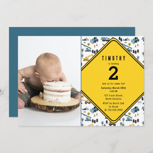 ブルーの建設トラック現場写真誕生日パーティー サンキューカード (正面/裏面)