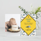 ブルーの建設トラック現場写真誕生日パーティー サンキューカード (スタンド正面)