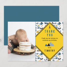 ブルーの建設トラック現場写真誕生日パーティー サンキューカード