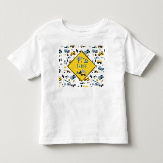 ブルーの建設トラック＆工事現場 テーマパターン 年齢 トドラーTシャツ (正面)
