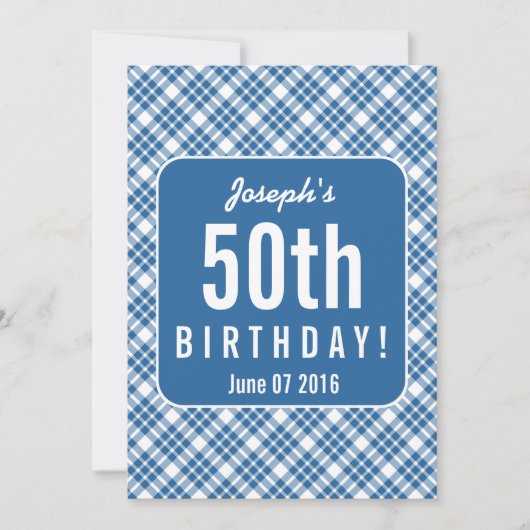 ブルーの斜めストライプの50歳の誕生日パーティー A07L 招待状 (正面)