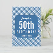 ブルーの斜めストライプの50歳の誕生日パーティー A07L 招待状 (スタンド正面)