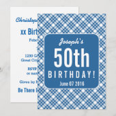 ブルーの斜めストライプの50歳の誕生日パーティー A07L 招待状 (正面/裏面)