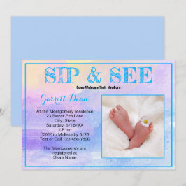 ブルーの新生児「Sip and See」カスタム写真パーティー 招待状