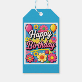 ブルーの明るいお誕生日おめでとう花と風船 ギフトタグ