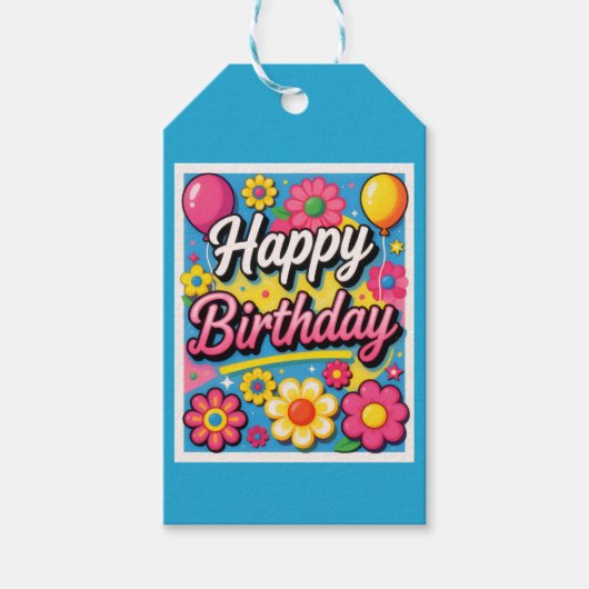 ブルーの明るいお誕生日おめでとう花と風船 ギフトタグ (正面)