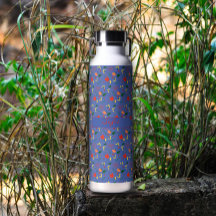 ブルーの柄の野の花と赤いポピーの断熱ボトル