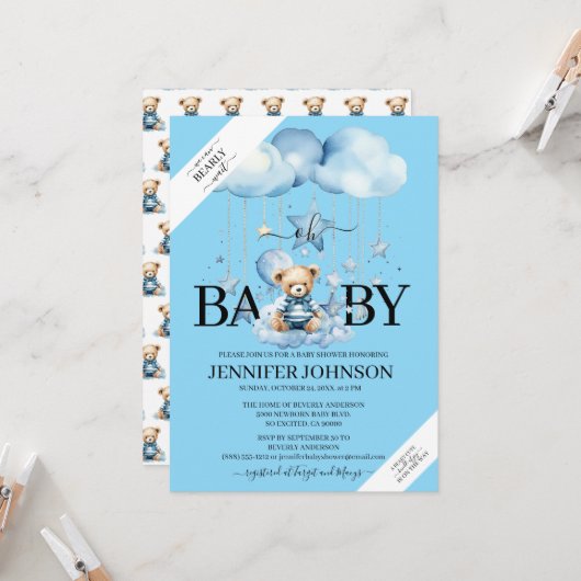 ブルーの水彩テディベアのベビーシャワー 招待状 (正面/裏面インサイチュ)