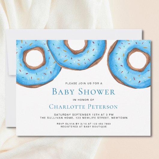 ブルーの水彩ドーナツ スプリンクル 男の子のベビーシャワー 招待状