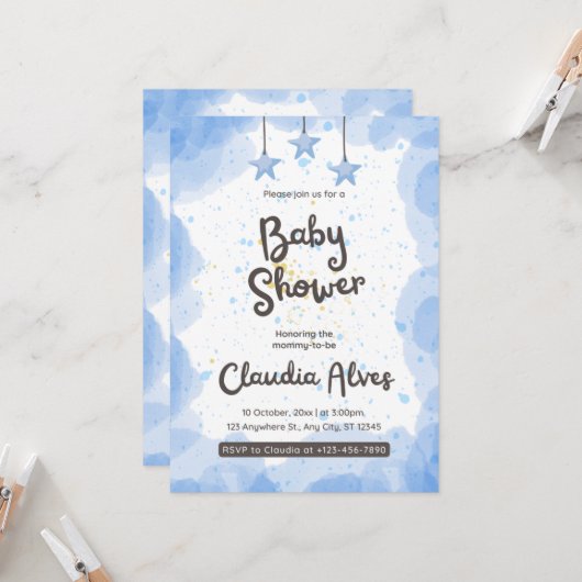 ブルーの水彩ベイビーシャワー招待状 招待状 (正面/裏面インサイチュ)