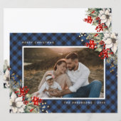 ブルーの水彩ポインセチアとホーリーの写真クリスマス シーズンカード (正面/裏面)