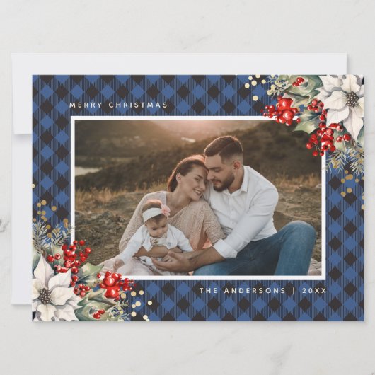 ブルーの水彩ポインセチアとホーリーの写真クリスマス シーズンカード (正面)