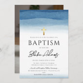 ブルーの水彩ミニマル男子洗礼 招待状 (正面/裏面)