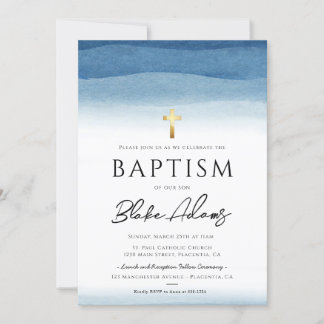ブルーの水彩ミニマル男子洗礼 招待状