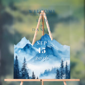 ブルーの水彩山々のウェディングウェルカム アクリルサイン (ニュートラル)