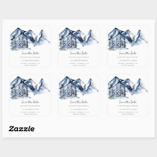 ブルーの水彩山の素朴なボヘミアンスタイルのSave the Date スクエアシール (シート)