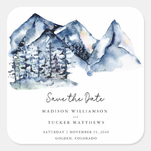 ブルーの水彩山の郷土風ボヘミアンスタイルのSave the Date スクエアシール (正面)