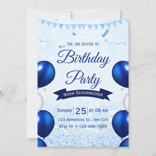 ブルーの水彩画の誕生日パーティー招待状 招待状 (正面)
