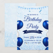 ブルーの水彩画の誕生日パーティー招待状 招待状 (正面/裏面)