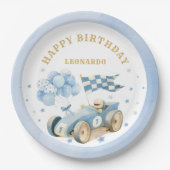 ブルーの水彩画 レーシングカー 男の子の1歳の誕生日 ペーパープレート (正面)