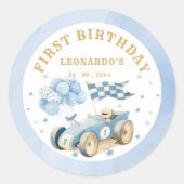 ブルーの水彩画 レーシングカー 男の子の1歳の誕生日  ラウンドシール (正面)