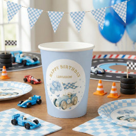 ブルーの水彩画 レーシングカー 男の子1歳の誕生日  紙コップ