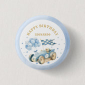 ブルーの水彩画 レースカー 男の子1歳の誕生日  缶バッジ (正面)