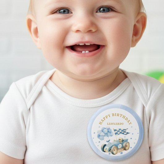 ブルーの水彩画 レースカー 男の子1歳の誕生日  缶バッジ