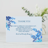 ブルーの水彩花イラストの結婚式お礼カード サンキューカード (スタンド正面)