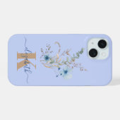 ブルーの水彩花束のラスティックデザイン iPhone 15ケース (裏面横)