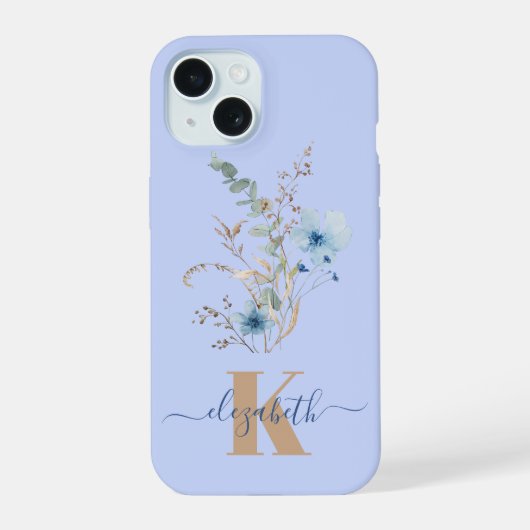 ブルーの水彩花束のラスティックデザイン iPhone 15ケース (裏面)