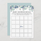 ブルーの水彩花柄ベビーシャワー ビンゴゲーム カード (正面/裏面)