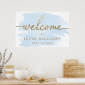 ブルーの水彩 ゴールド ウェルカムサイン ポスター (キッチン)