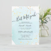 ブルーの水彩 x ゴールドのしぶき バット・ミッツヴァ 招待状 (スタンド正面)