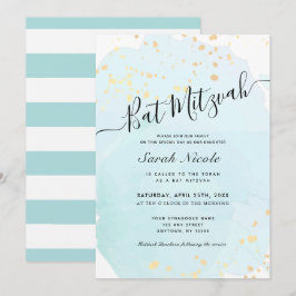 ブルーの水彩 x ゴールドのしぶき バット・ミッツヴァ 招待状