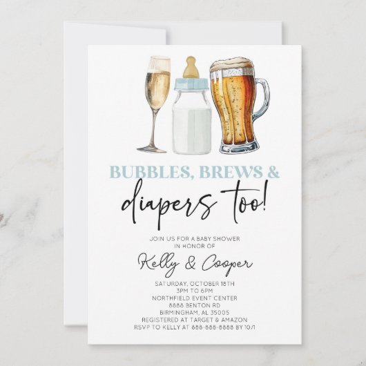 ブルーの泡が生えオムツも!赤ちゃんシャワー 招待状 (正面)