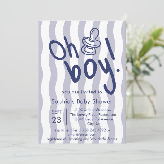 ブルーの波線ストライプの「Oh Boy!」ベビーシャワー 招待状 (スタンド正面)