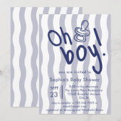 ブルーの波線ストライプの「Oh Boy!」ベビーシャワー 招待状 (正面/裏面)