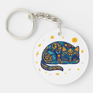 ブルーの猫のフォークアート キーホルダー