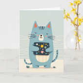 ブルーの猫の誕生日カード カード (黄色い花)