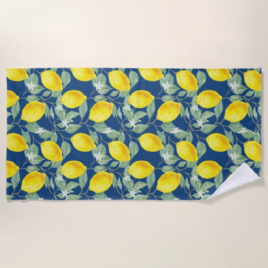 ブルーの田舎のレモンの果物 ビーチタオル (正面)