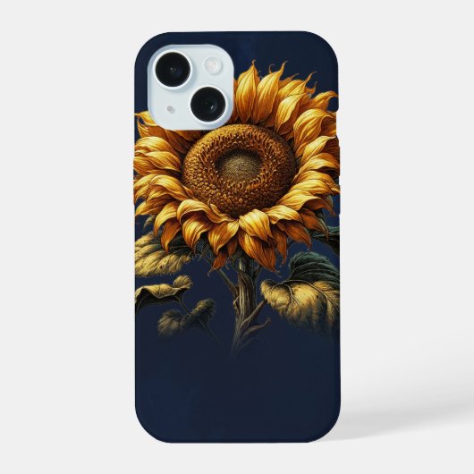 ブルーの田舎風ひまわり iPhone 15ケース (裏面)