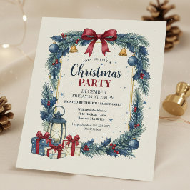ブルーの田舎風リースのクリスマスパーティー招待状 招待状