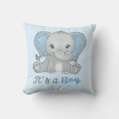 ブルーの男の子ゾウの水彩画で「It's a Boy」 クッション (正面)