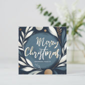 ブルーの筆刷リース クリスマスおめでとう シーズンカード (スタンド正面)