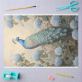 ブルーの紫陽花と優雅な孔雀の油彩画 薄葉紙 (クラフト)