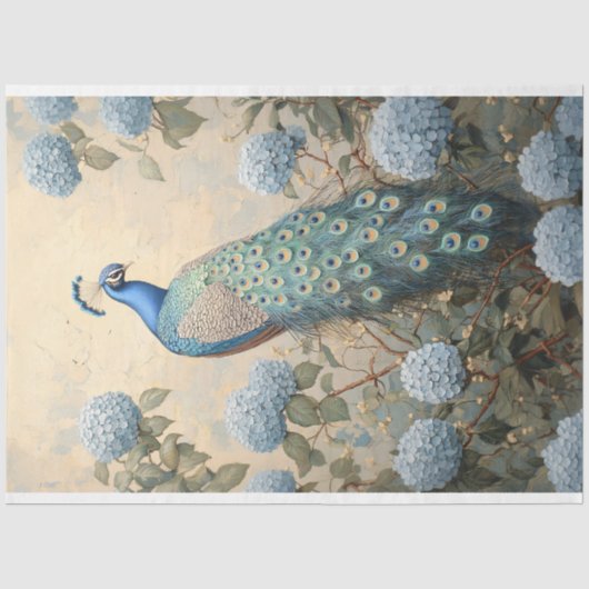 ブルーの紫陽花と優雅な孔雀の油彩画 薄葉紙 (正面)