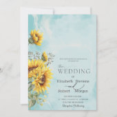 ブルーの結婚式のシックなルスティックひまわり 招待状 (正面)