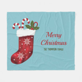 ブルーの背景にカスタムテキストの赤いクリスマスストッキング フリースブランケット